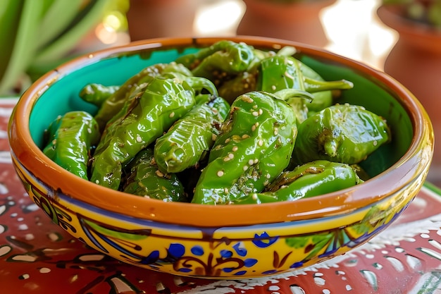 Foto una explosión de sabor de pimientos verdes con ampollas en una fiesta de tapas