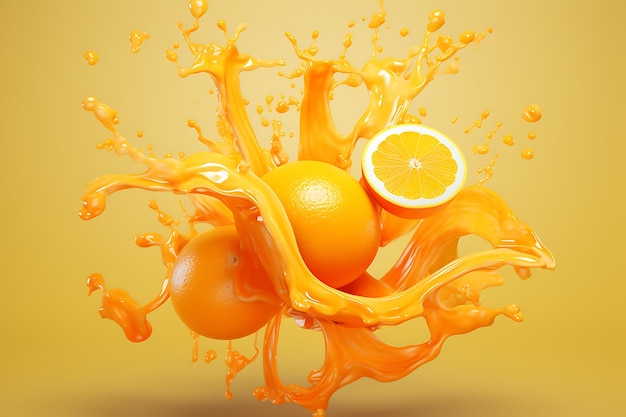 Explosión de salpicaduras de jugo con rebanada de naranja salpicadura líquida realista de cítricos en 3D