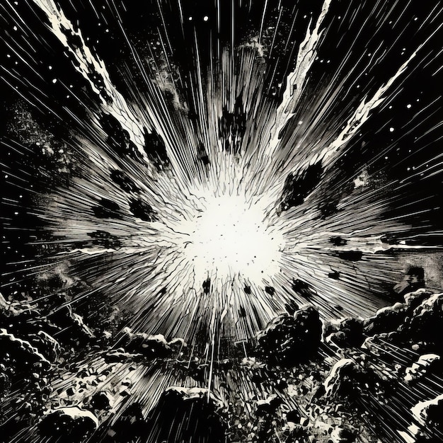 Explosión de supernova en blanco y negro al estilo de los cómics retro