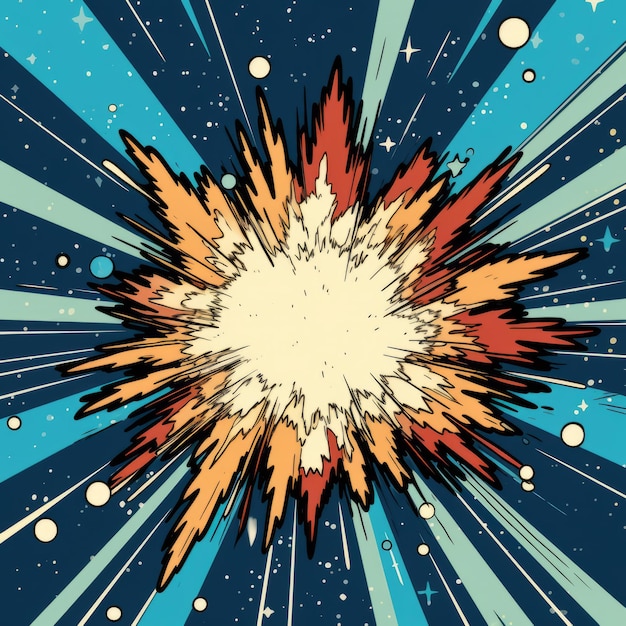 Explosión de supernova estilo cómic retro sobre fondo azul