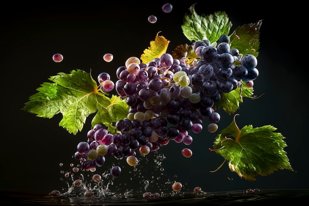 Explosión de uvas frescas con salpicaduras de agua creadas con tecnología de IA generativa