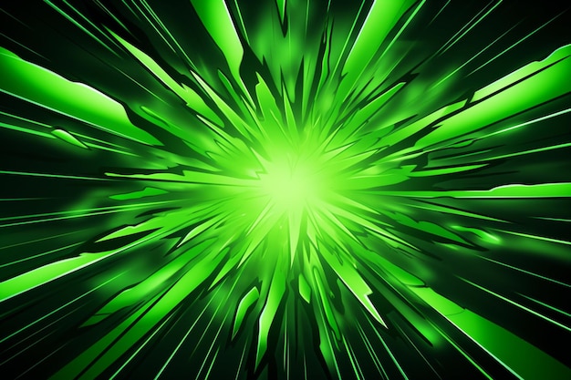 La explosión verde de rayos de zoom cómico de fondo colorido