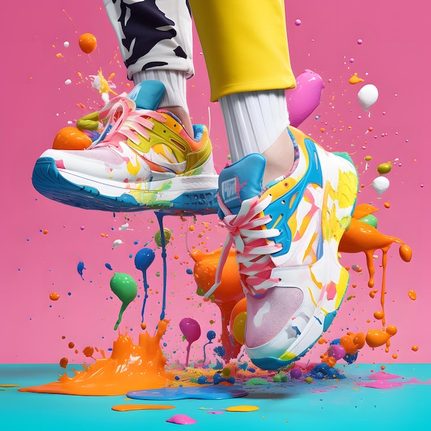 Foto una explosión de vibraciones de verano en una foto vibrante que muestra zapatillas de deporte coloridas con salpicaduras de pintura