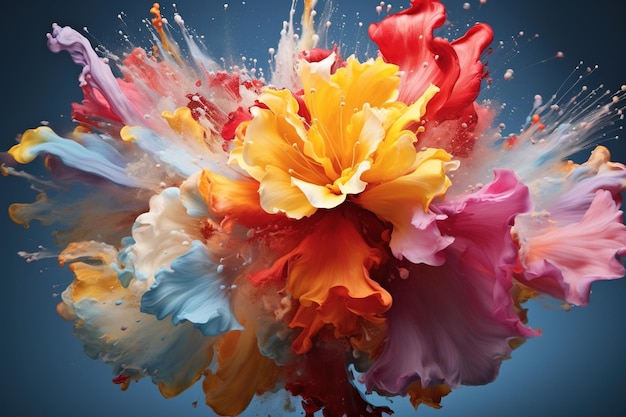 Una explosión de vibrantes pétalos de flores congelados en el aire creando una explosión de color