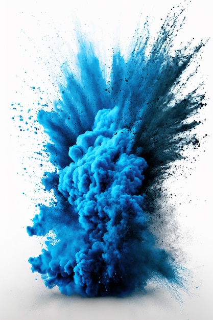 Explosion von blauem Pulver auf weißem Hintergrund