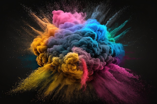 Explosion von farbigem Pulver vor dunklem Hintergrund Wolke mit Farbe Heller Staub explodiert Farbe Holi