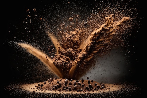 Explosion von gemahlenem Kaffee mit gerösteten Bohnen auf schwarzem Illustration AI Generative