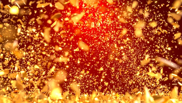 Explosion von goldmetallischen Fragmenten auf rotem Hintergrund, selektiver Fokus. 3D-Rendering