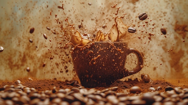 Foto explosion von kaffee und bohnen aus einem becher