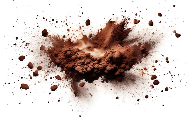 Explosion von Kaffeebohnen und Kaffeepulver, isoliert auf weißem Hintergrund