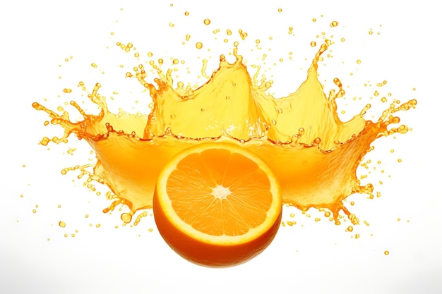 Explosion von Orangensaft, Orangenfrucht mit Orangensaft-Spritzwasser, isoliert auf weißem Hintergrund
