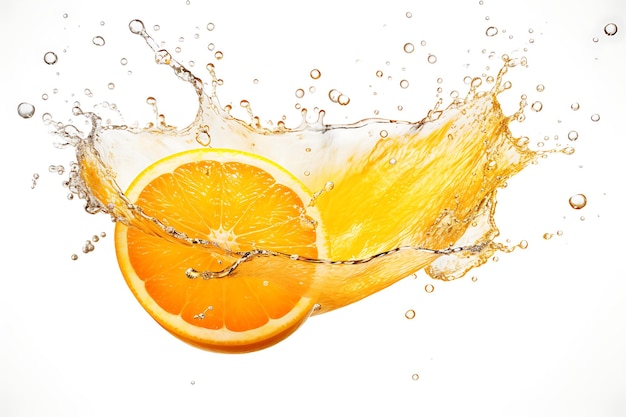 Explosion von Orangensaft, Orangenfrucht mit Orangensaft-Spritzwasser, isoliert auf weißem Hintergrund