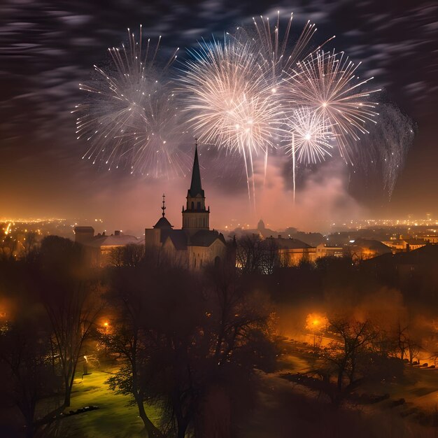 Explosiones coloridas de fuegos artificiales en el cielo nocturno sobre el parque con una iglesia en el fondo diversión y festividades de Año Nuevo