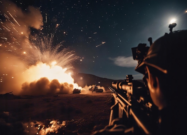 Foto explosiones iluminan el cielo nocturno durante operaciones militares