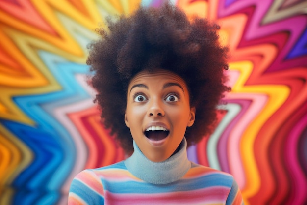 Foto explosivo espanto jovem mulher afro-americana com as cores do arco-íris sorrindo