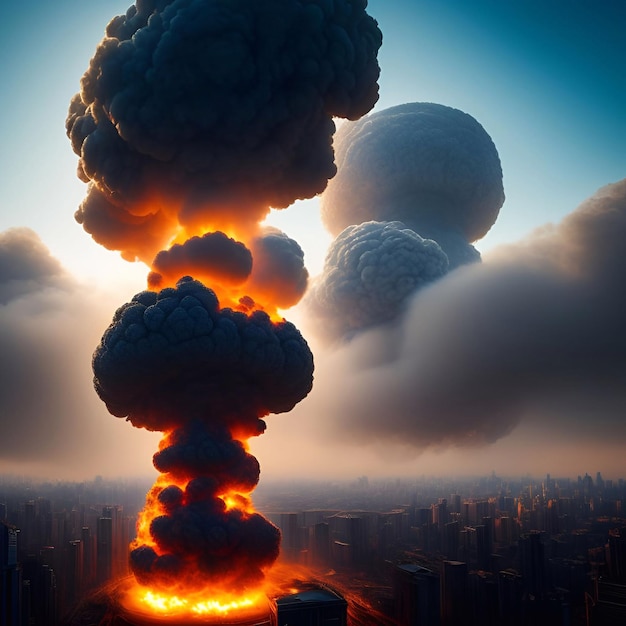 Foto explosões de bombas atômicas nucleares na cidade futurista na ilustração ai generativa do céu à luz do dia