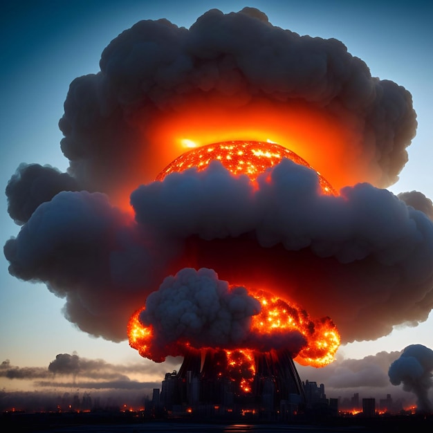Foto explosões de bombas atômicas nucleares na cidade futurista na ilustração ai generativa do céu à luz do dia