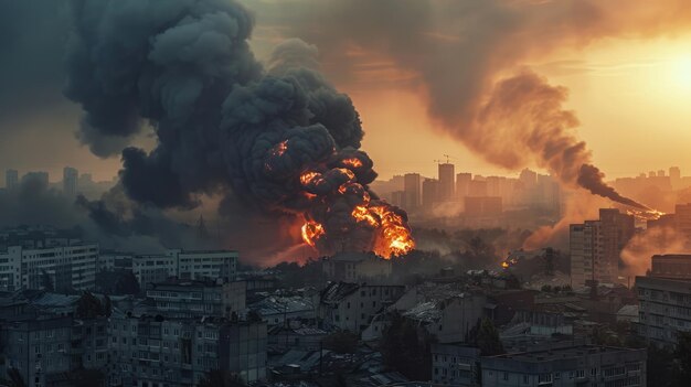 Foto explosões e fumaça após o bombardeio