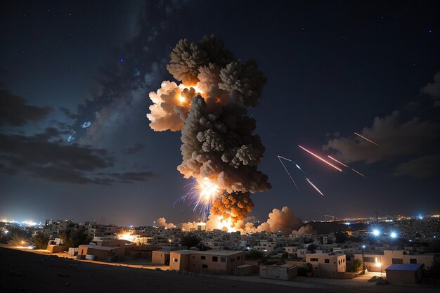 Explosões iluminando o céu noturno durante a milícia israelense