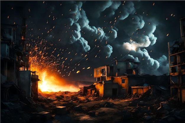 Explosões iluminando o céu noturno durante operações militares israelenses em Gaza Palestina