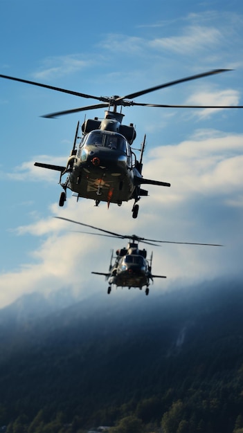 Exposição aérea dois helicópteros militares dominando os céus celestes Vertical Mobile Wallpaper