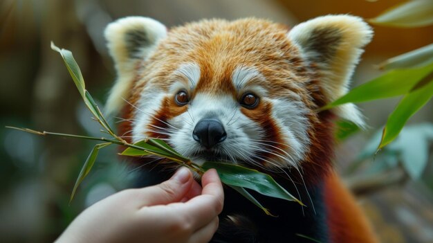 Foto exposição arbórea com mãos oferecendo folhas de bambu a um adorável panda vermelho