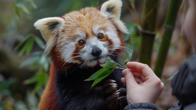 Foto exposição arbórea com mãos oferecendo folhas de bambu a um adorável panda vermelho