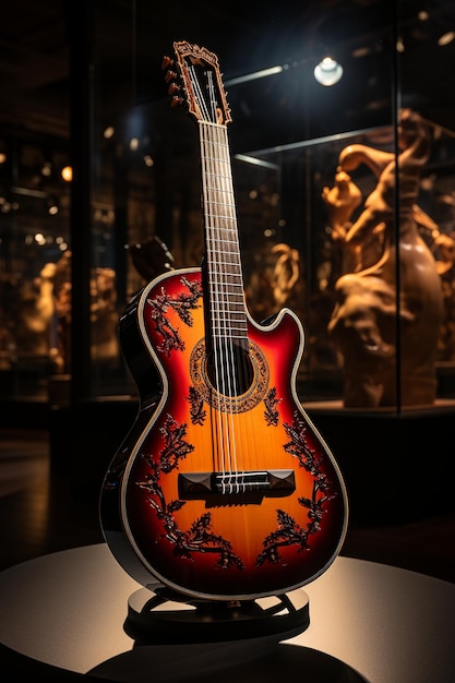 Exposição cativante apresentando uma guitarra impressionante em um museu