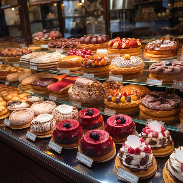 Exposição de bolos doces franceses em uma padaria