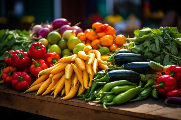 Exposição de legumes frescos no mercado de um agricultor