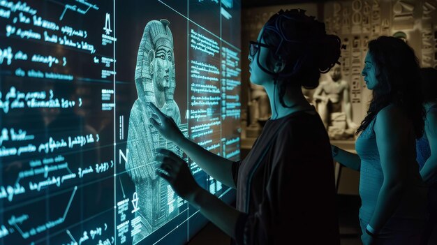 Exposição de museu virtual curada pela IA mostrando a evolução da linguagem escrita da cuneiforme para o código digital