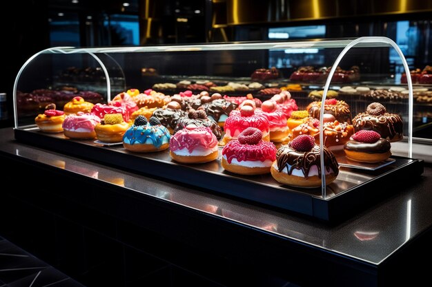 Exposição de padaria de bolo de açúcar doces donuts