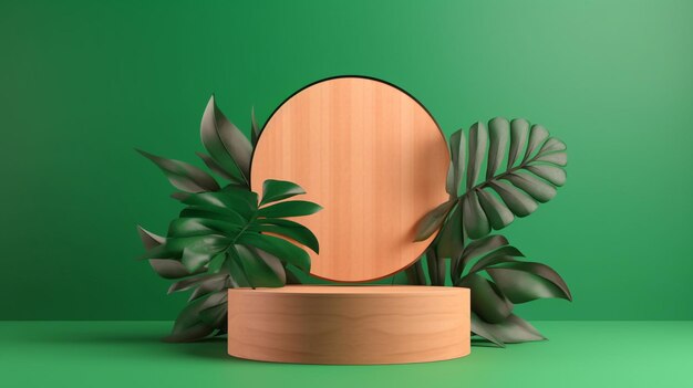 Exposição de palco de pódio de madeira para decoração de apresentação de produtos com folhas de monstera