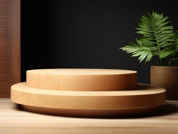 Foto exposição de pódio de fotos de madeira para apresentação de produtos com fundo verde e vaso de flores