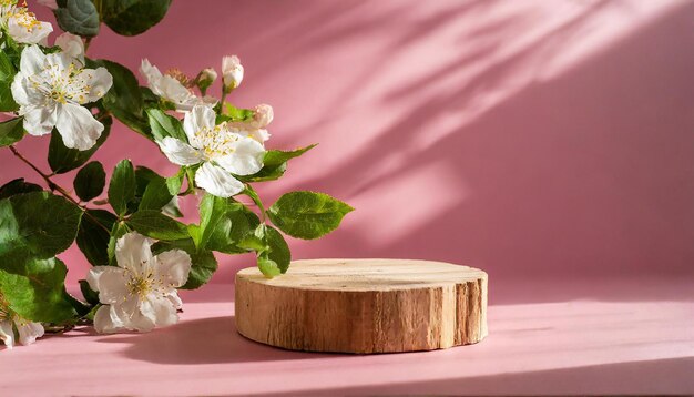 Exposição de pódio de madeira para apresentação Pedestal natural com flores e folhas fundo rosa