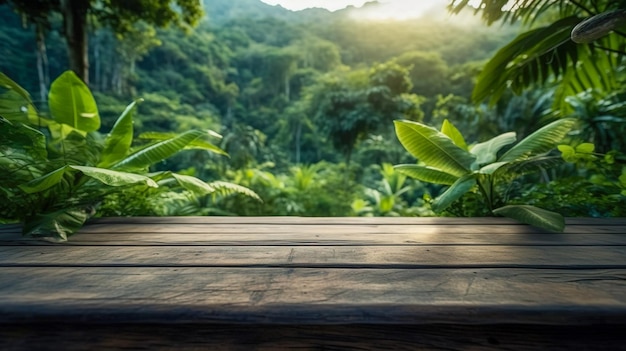 Exposição de produto de fuga exótica com um tampo de mesa de madeira vazio em um cenário de selva embaçada IA generativa