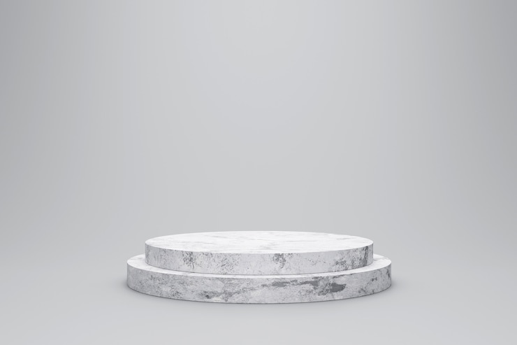 Foto exposição de produto de mármore branco sobre fundo branco, com estúdio de cenários modernos. plataforma de pedestal ou pódio vazia. renderização em 3d.