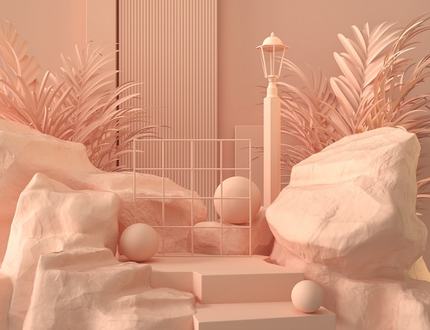Foto exposição de produto do pódio de pedra cena de cor pastel com folha tropical