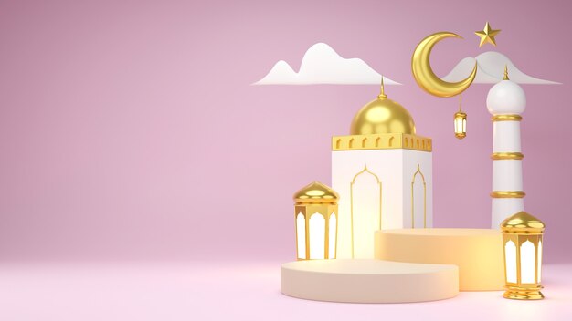 Foto exposição de produtos islâmicos. pódio, lua crescente, lanterna, caixa de presente. ramadã, ano novo islâmico. renderização 3d.