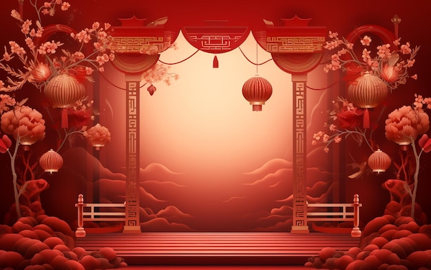 Exposição dourada do produto do ano novo chinês Lanternas de pedestal 3D, ventiladores e pódios em vermelho e dourado