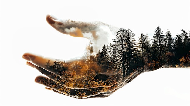 Foto exposição dupla das mãos e fundo da natureza conceito de ecologiax9