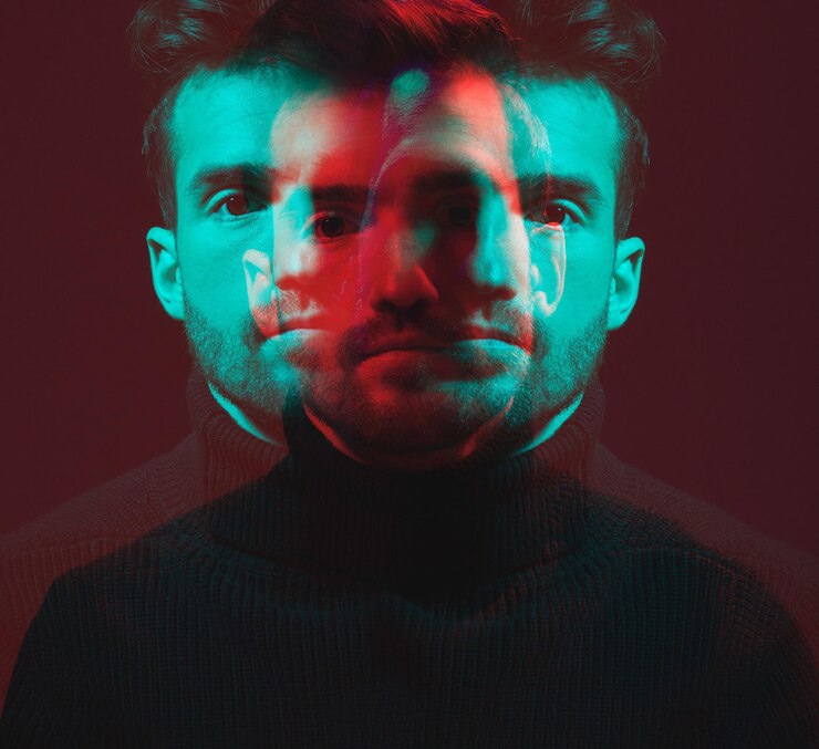 Foto exposição dupla de iluminação neon e retrato de homem isolado em estúdio para identidade artística e confiança estética criativa de moda e rosto de modelo masculino com roupas elegantes e elegantes