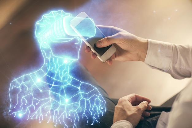 Exposição dupla de mãos de homens segurando e usando um dispositivo digital e óculos AR desenhando conceito de realidade virtual