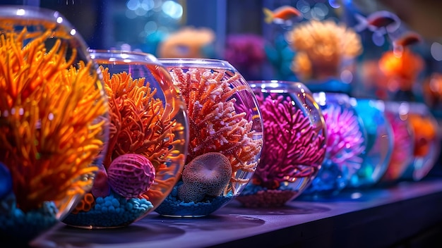 Foto exposição fotográfica de corais imitados em tigelas de peixe simbolizando a conservação ambiental conceito arte ecoamigável conservação do coral replica de natureza exposições simbólicas de proteção do meio ambiente marinho