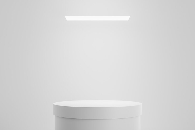 Foto exposição moderna do pódio ou do suporte com conceito da plataforma no fundo branco do estúdio. suporte de prateleira em branco para mostrar o produto. renderização em 3d.