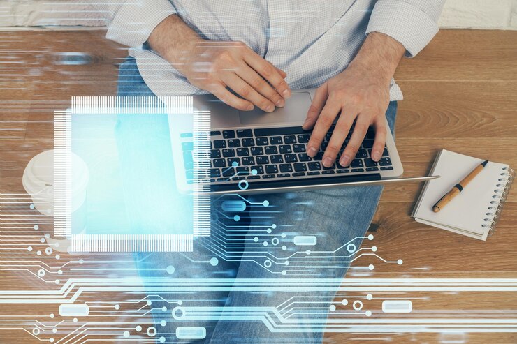 Foto exposição múltipla de holograma de tecnologia com homem trabalhando em fundo de computador conceito de big data