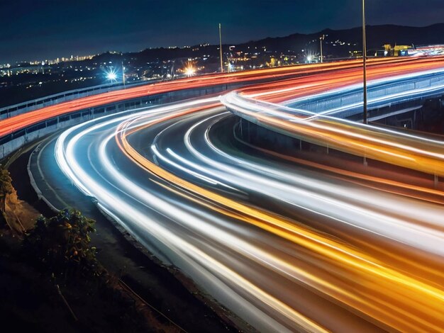 Exposição prolongada a trilhas de luzes de automóveis na cidade noturna