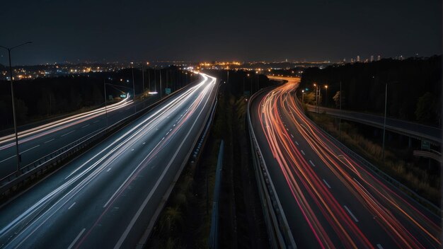 Foto exposição prolongada durante a noite de trilhas de trânsito rodoviário