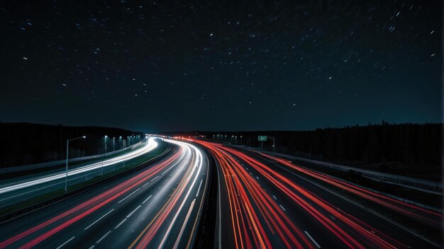 Foto exposição prolongada durante a noite de trilhas de trânsito rodoviário