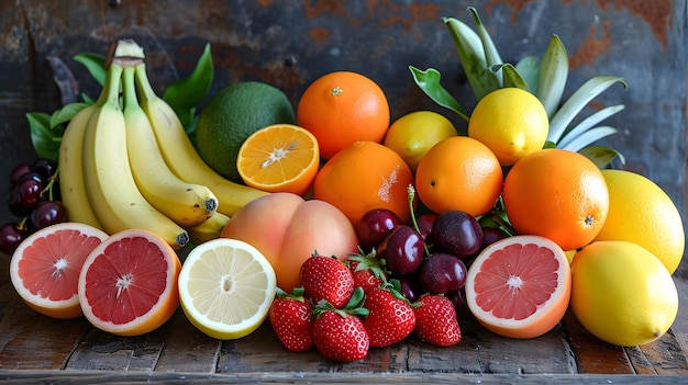 Exposição vibrante de frutas frescas em uma mesa de madeira rústica